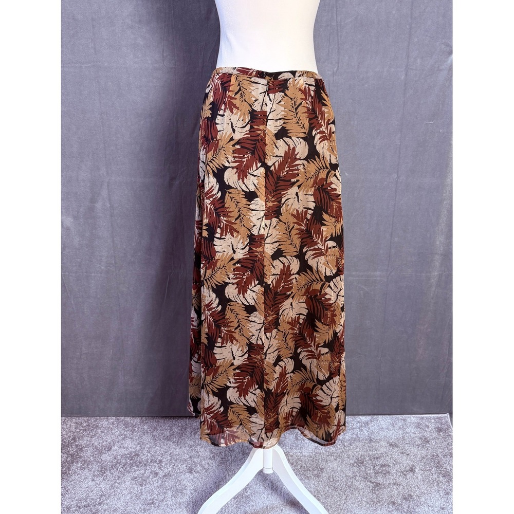 Vintage‎ 90s Allison Taylor  Y2K Silk Tropical Leaf Maxi Skirt Brown Black M